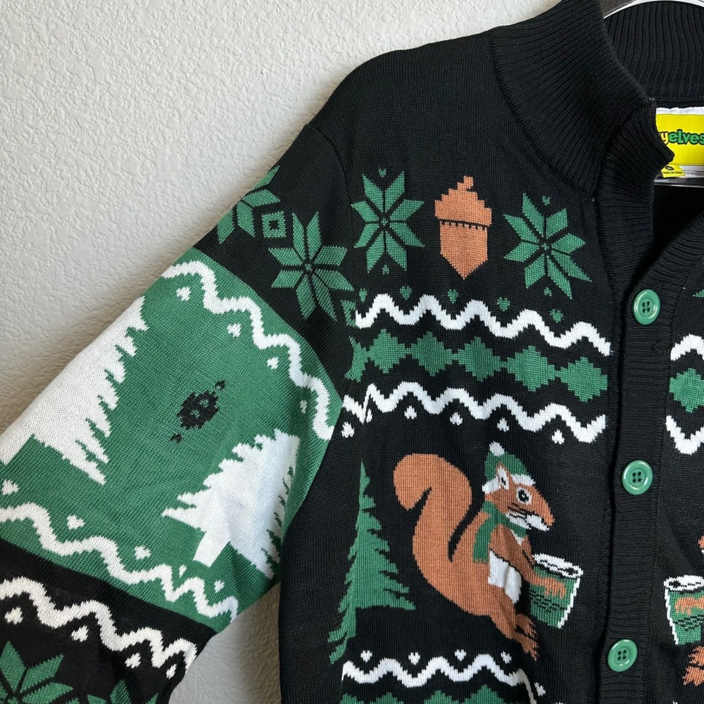 Tipsy Elves Mens Nutty Noel Cardigan Squirrel Christmas Sweater Black Green XL - Picture 4 of 9